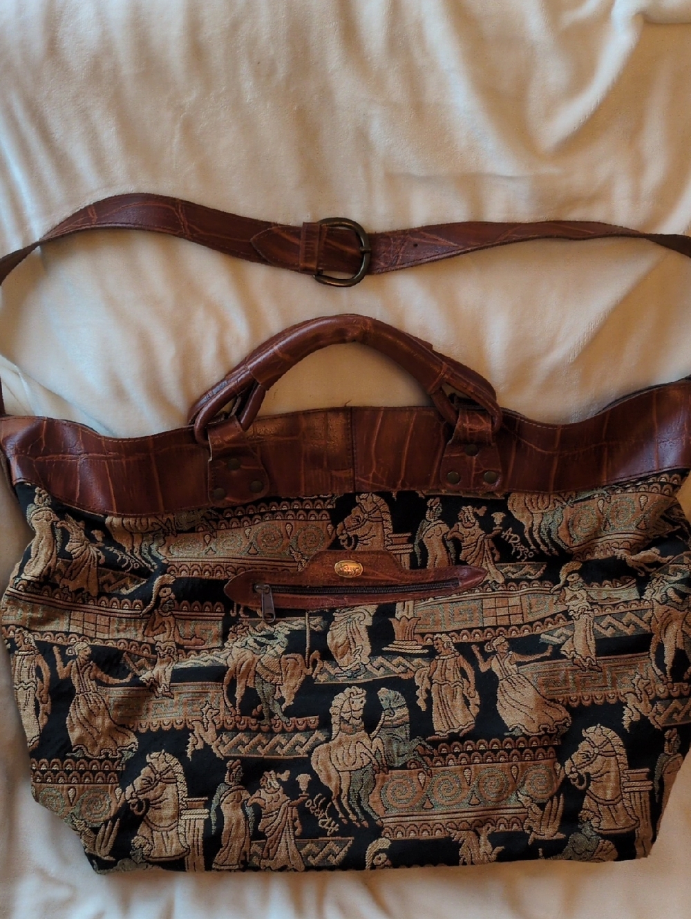 Arizzo Italian Brown Leather-Trimmed Tapestry Travel Tote